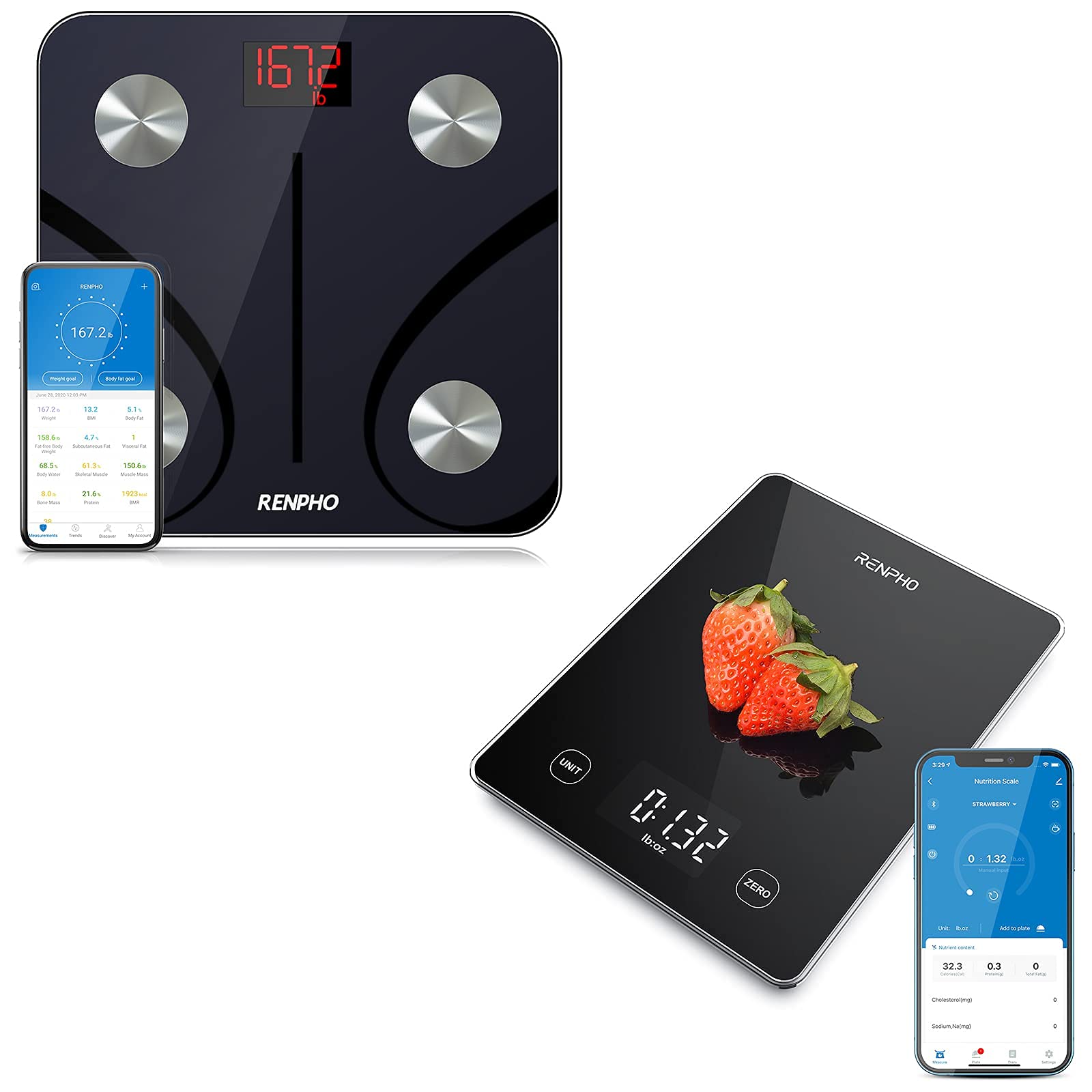 RENPHO Bluetooth Body Fat Scale, RENPHO Kitchen Scale 22lb/10kg Smart Food Scale, Digital Cooking Sc