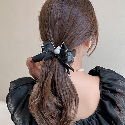 Miniatura 4 de 4 pinzas para el cabello con lazo y perlas, cinta blanca y negra, con lazo, pinzas para el cabello, accesorios para la cabeza para mujeres y niñas