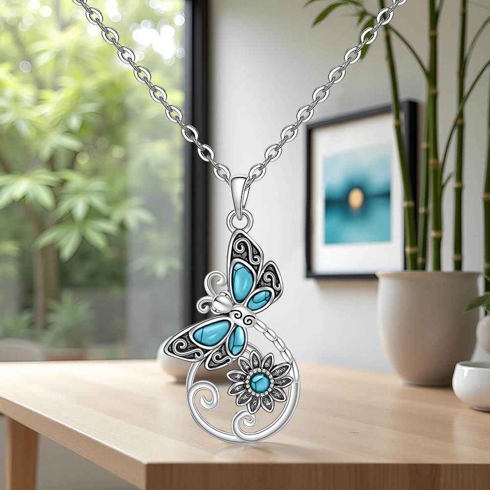 Sterling Silver Dragonfly Necklace for Women Turquoise Daisy Dragonfly Necklaces Pendant Jewelry Mothers Day Christmas Gifts - Image 9