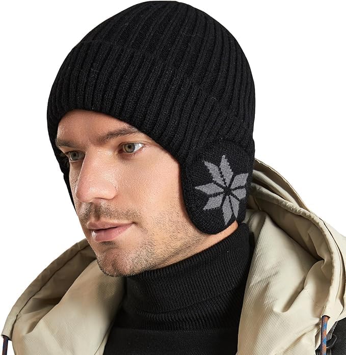 YHRYBeanie Winter Hats for Men Women,Fleece Lined Beanie Warm Winter Caps,Unisex Fashion Knit Cuffed Cap,Winter Fleece Lined Knit Cuff Ear Flaps Daily Beanies, Black