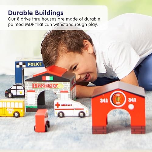 Miniatura 7 de Excellerations 5.5 pulgadas de alto, estructuras de juego de bloques de madera de ciudad, casas, juego de 7, juguete educativo preescolar, a partir