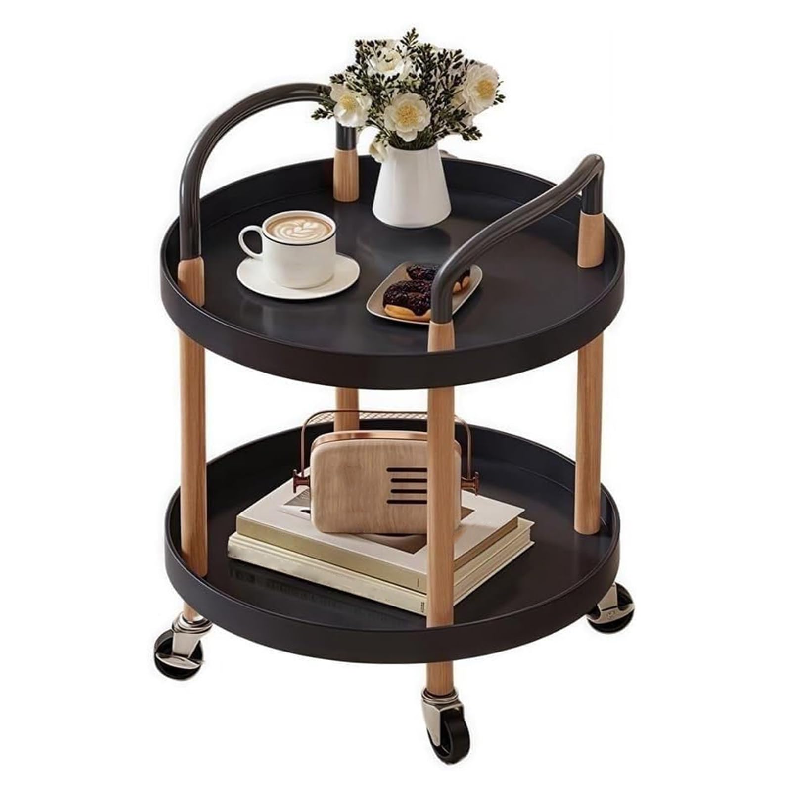 Moderna mesa auxiliar rodante de 2 niveles redonda con ruedas, mesita de noche portátil para sofá, cama, sala de estar, cocina, comedor, color negro