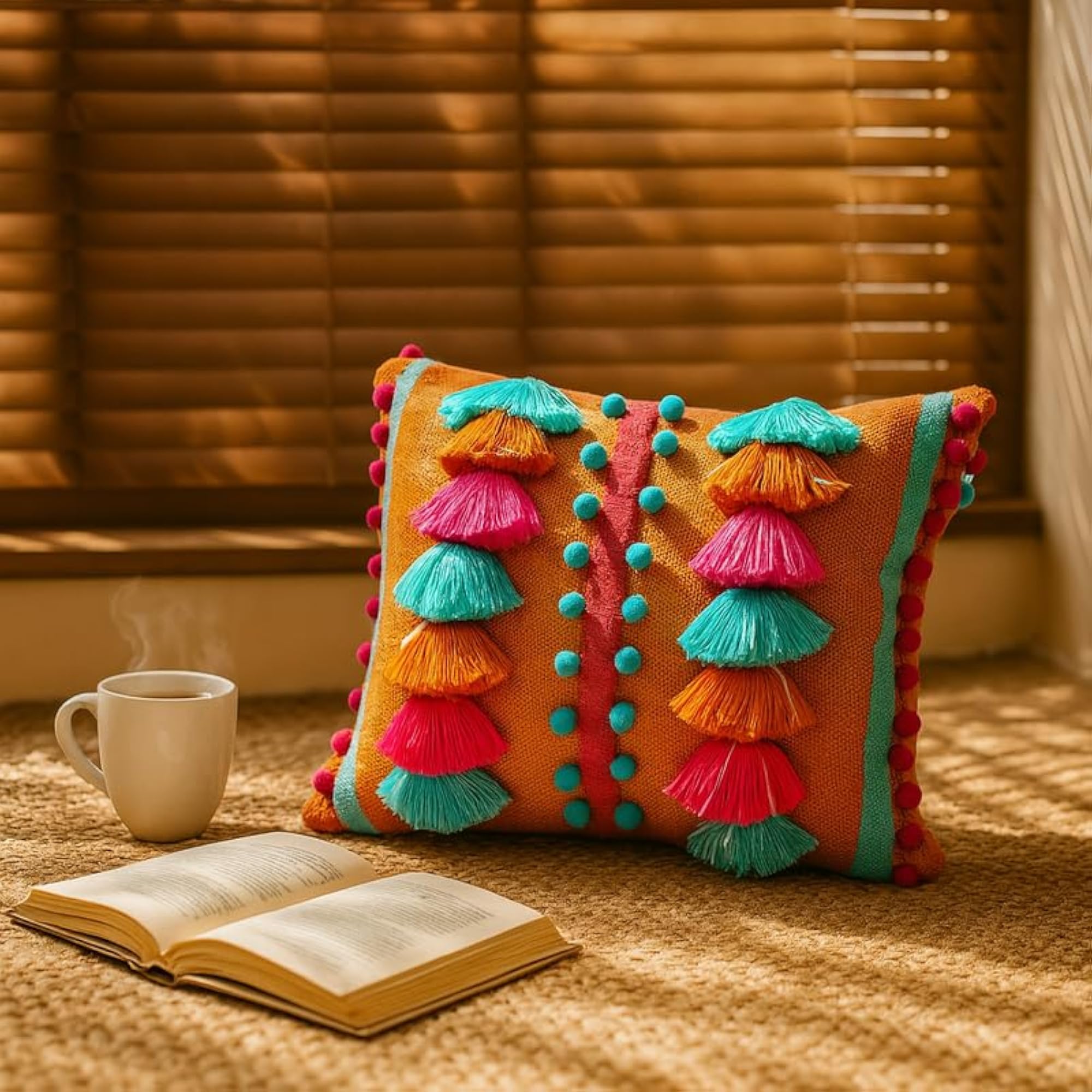 Burnt Orange Savannah Cushion Cover Boho Multicolor Pom Pom