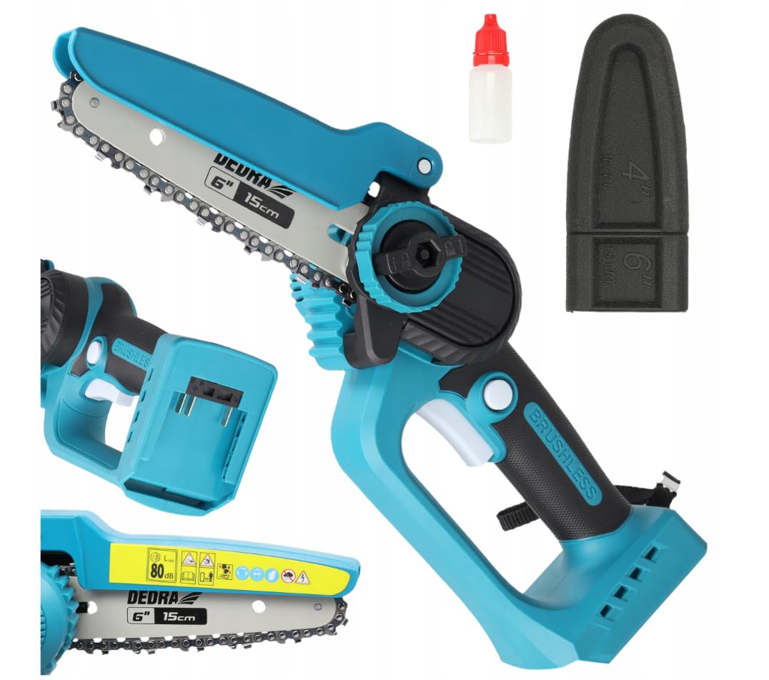 Dedra SAS+ALL DED7180 18 V – bezszczotkowa mini piła łańcuchowa 6ʺ (150 mm), 5400 RPM, cięcie do 140 mm, beznarzędziowy napinacz, lekka konstrukcja (0.9 kg), bez akumulatora i ładowarki