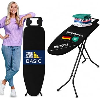 STAHLMANN&reg; Ironing Board Black [110 &times; 30 cm] Height-Adjustable Foldable | Made in Europe, iron rest, space-saving, non-slip f