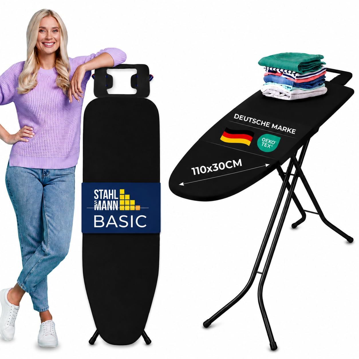 STAHLMANN® Bügelbrett schwarz [110 x 30 cm] – höhenverstellbarer Bügeltisch [platzsparend klappbar] – Bügelbrett mit Bügeleisenablage – Ironing Board