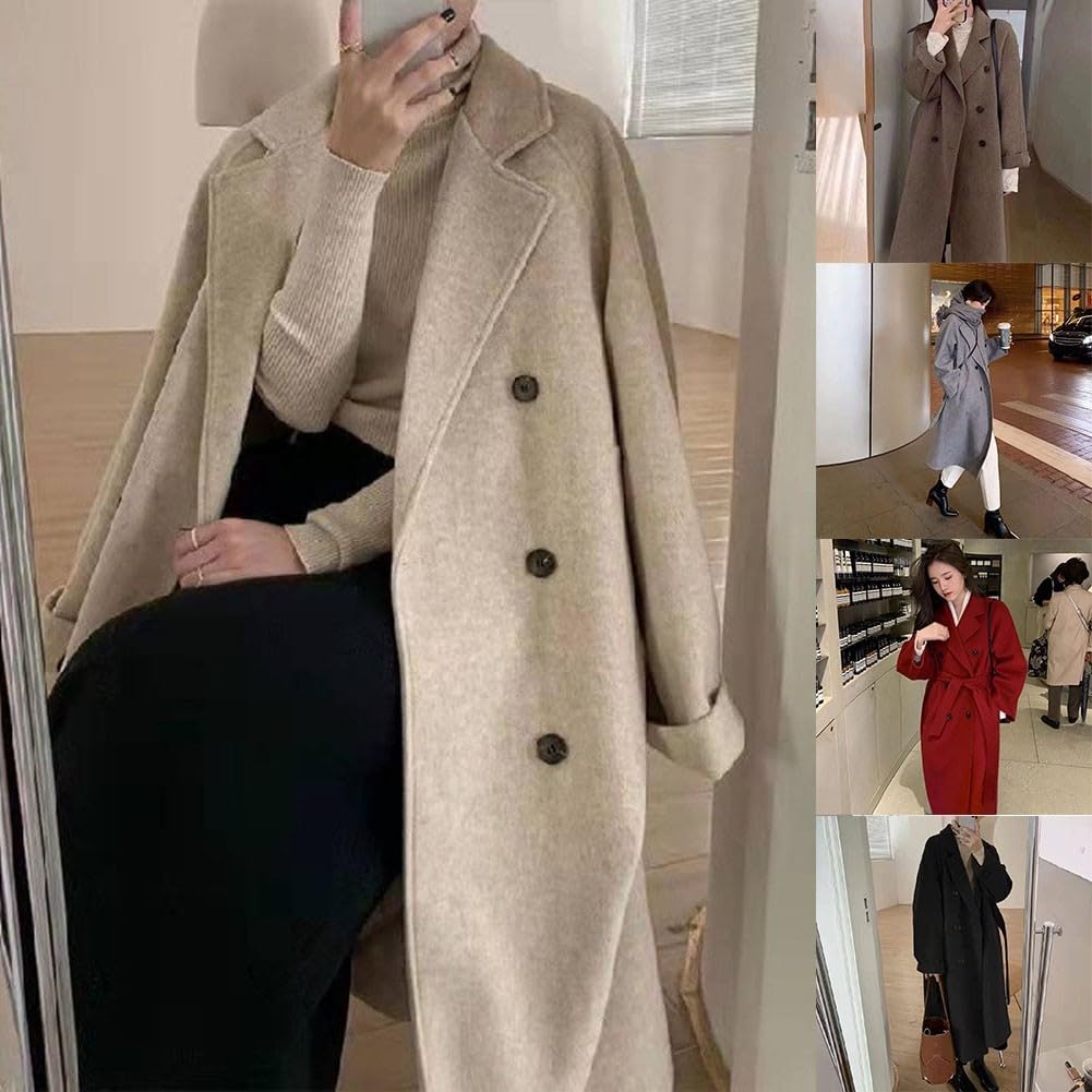 Trench mi-long en laine pour femme avec coupe ample et tissu épais, manteau adapté pour la rue décontractée et les fêtes