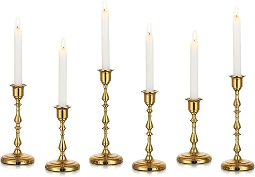 Gold Candlestick Holders Vintage Brass Taper Candle Holders | for 0.87" Taper, Bottom with Felt Pad, 6Pcs Antique Decor for Dinning Table, Mantel, Wedding Centerpieces, Christmas, Party