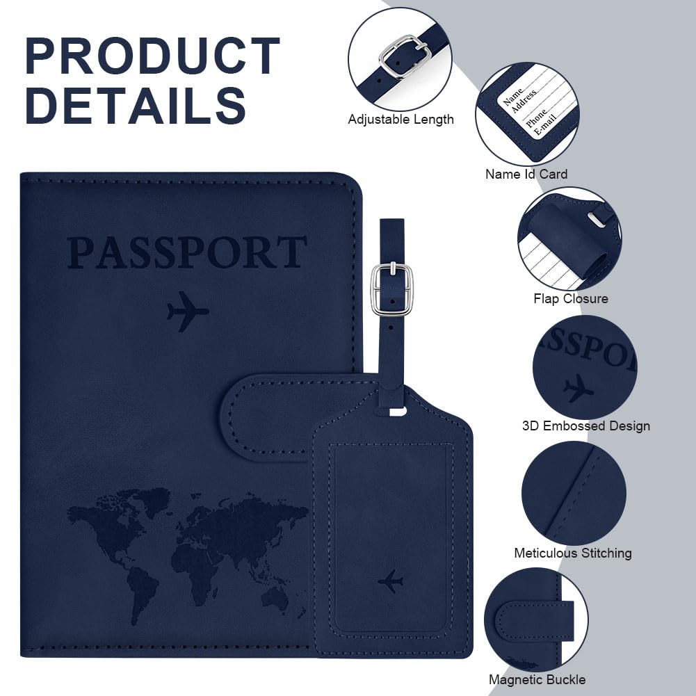 OFFCUP Funda Pasaporte, Porta Pasaporte con Bloqueo RFID, Cuero de PU Porta Documentos Viaje con Identificador De Maletas para Pasaportes Tarjetas Crédito Funda Tarjeta Identific (Azul Oscuro) - 4