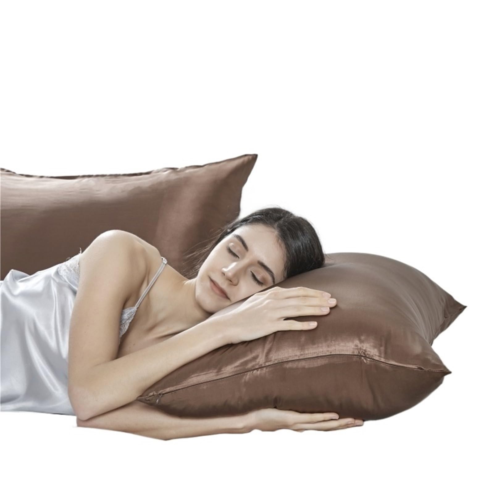Housse de Coussin en Soie de mûrier à 2 côtés, taie d'oreiller en Soie Naturelle avec Fermeture éclair dissimulée pour Dormir(Brown,1PCx51x76cm)