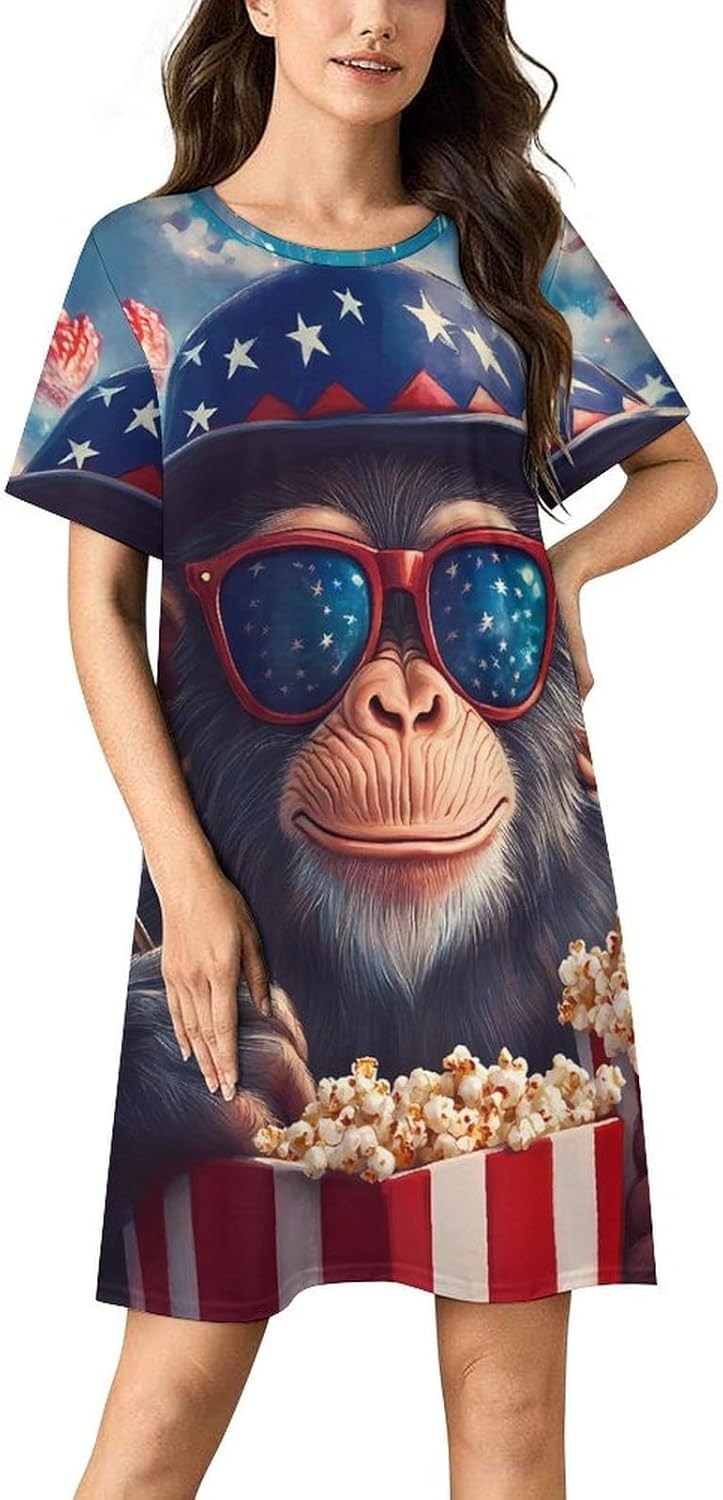 4th of July Monkey Nightgowns for Women Short Sleeve Sleep Dress Casual Sleepshirt Night Gowns Pajamas