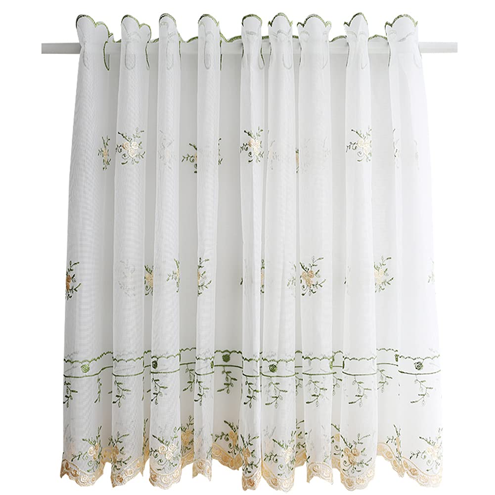 CRYSEU Short Curtains, White Sheer Voile Window Valance Curtain, Floral Pattern Short Kitchen Curtain, Cafe Half Curtain, Top Grommet Drapery, 1 Piece(WxH 130x60cm/51x24inch)