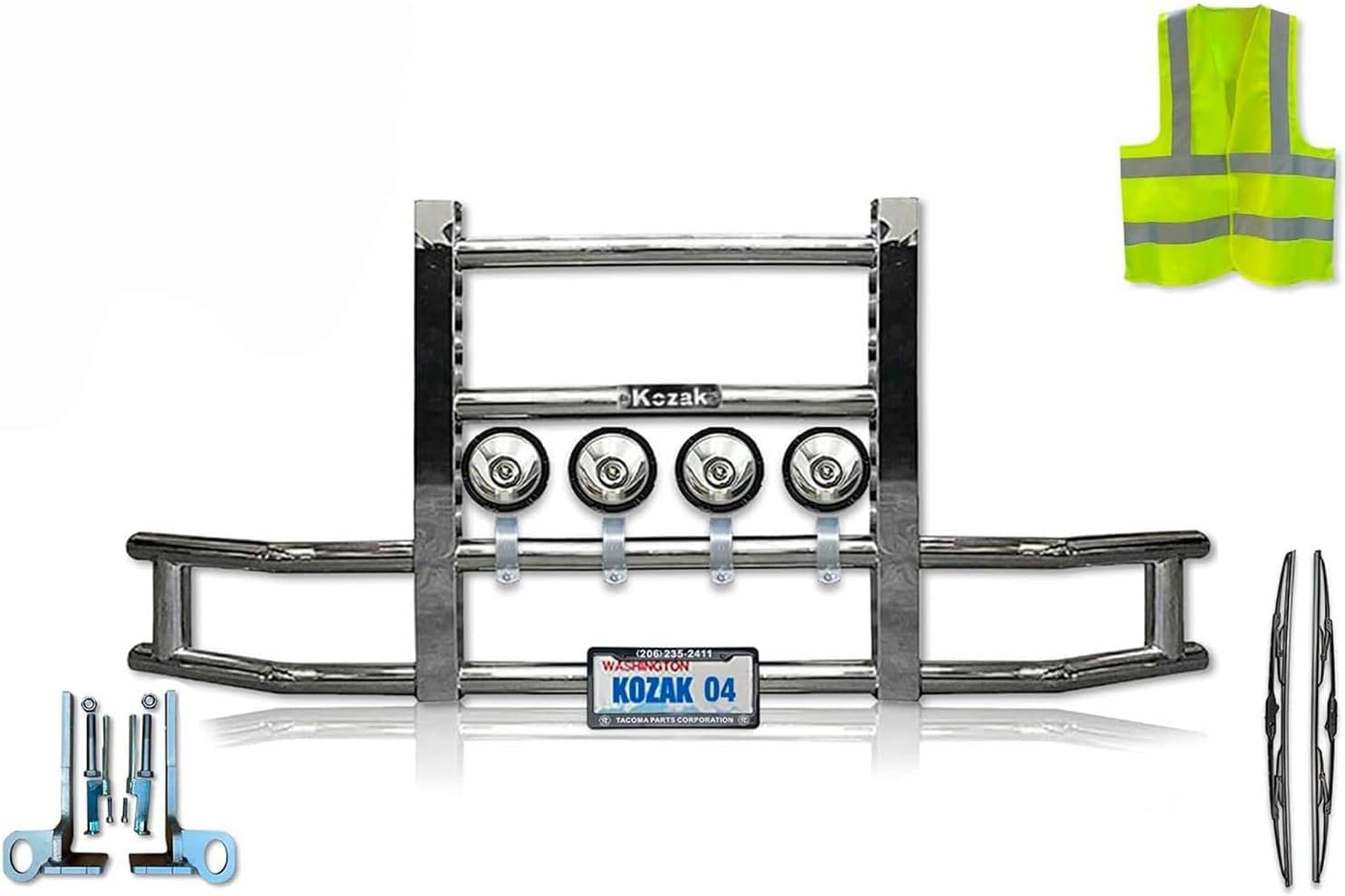 Steel Truck Bumper Guard - Deer Moose Guard Compatible with Kenworth T660 Plus 4x 6 inch 20 LED Headlight, 2x 22 inch Wipers, License Plate Holder and Frame, Mounting Brackets, Reflective Vest