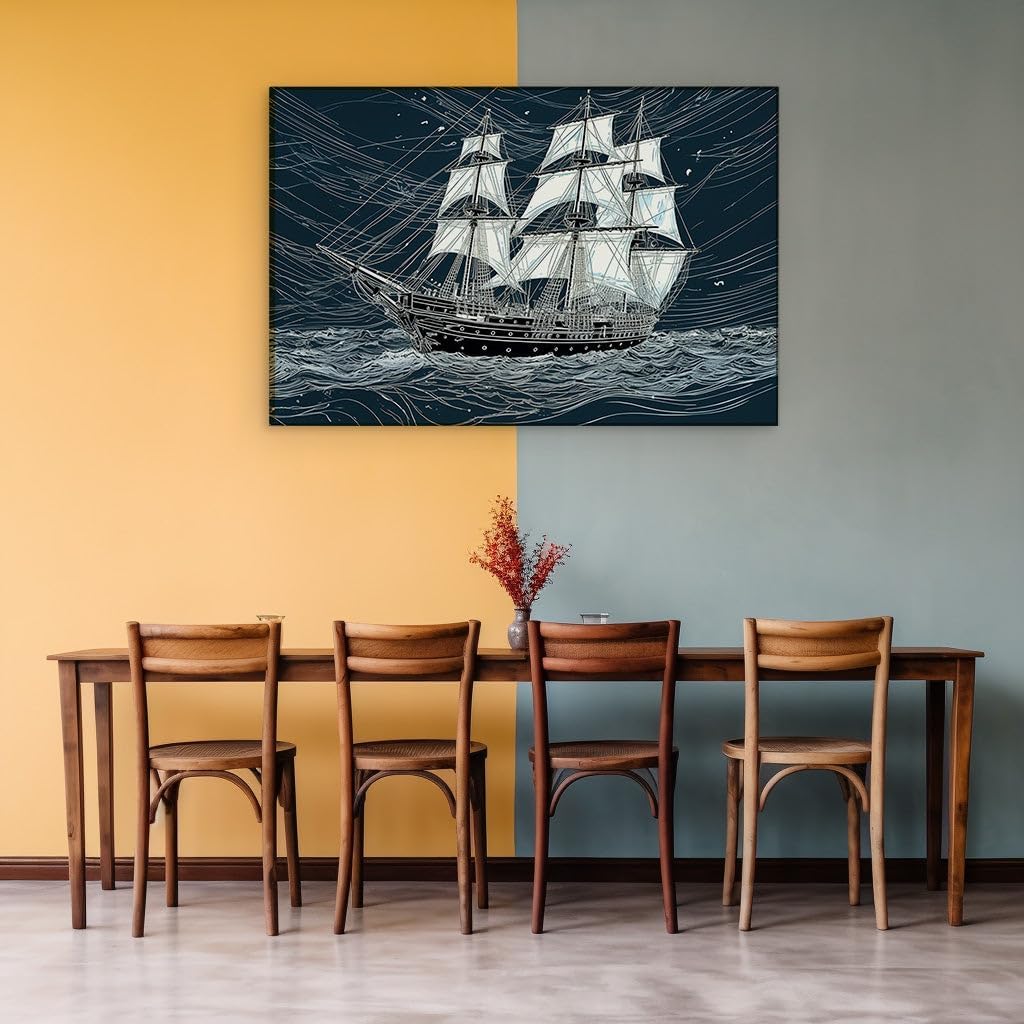 Canvas for Living room. Braving the Storm: A Journey of Sailboat and Sea in Hand-Drawn Majesty, 27 x 18 inch Canvas Wall Art - Modern Home Decor
