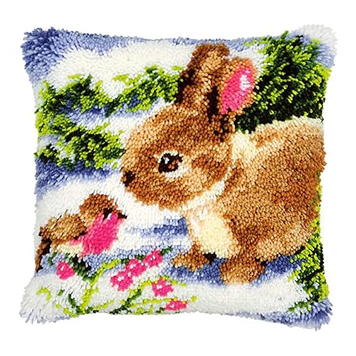 DIY Latch Krok Kit Kasta Kudde Sköt Söt Kanin Mönster Tryckt 17x17 tum, Virka Needlework Hantverk for barn och vuxna