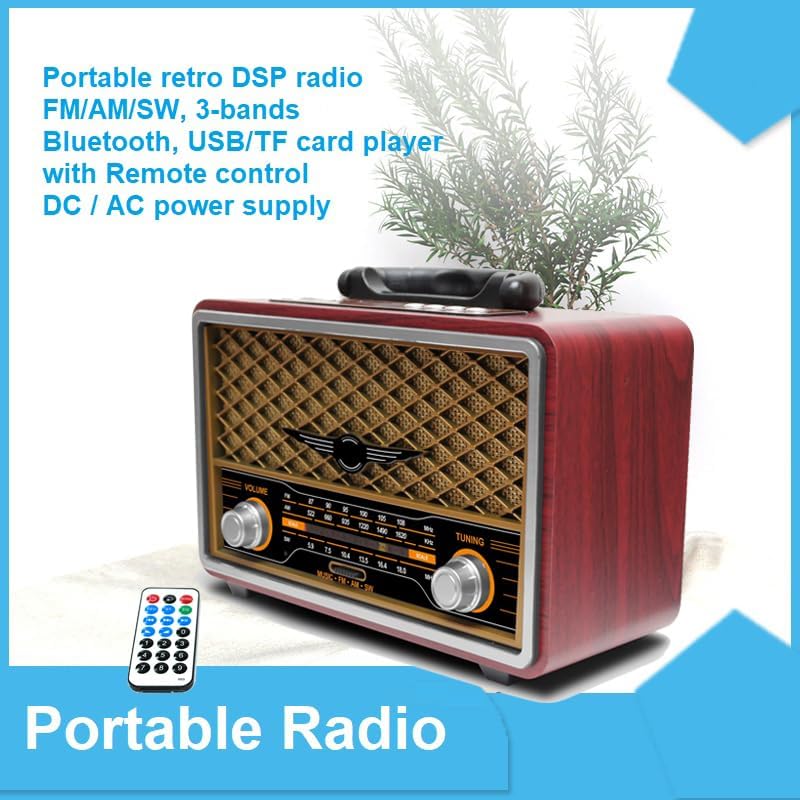 Miniatura 8 de M-156BT Radio retro portátil FM AM SW, con Bluetooth, batería recargable, tarjeta TF de soporte, reproducción USB, altavoz estéreo, radio DSP