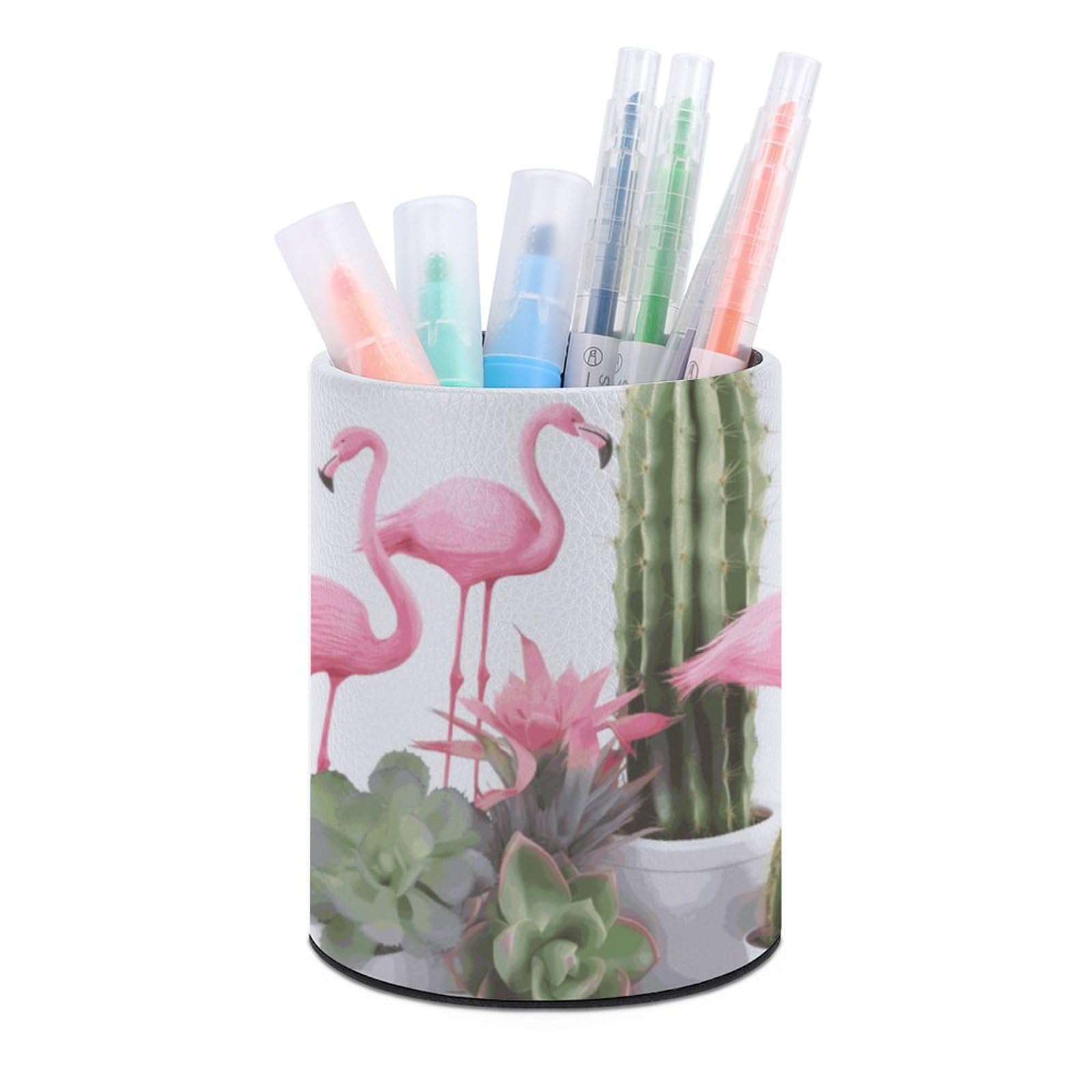 JTREHY Round Pen Holder,Flamingo Succulent Plants Printed Makeup Brush Storage Box for Home Office Dressing Table