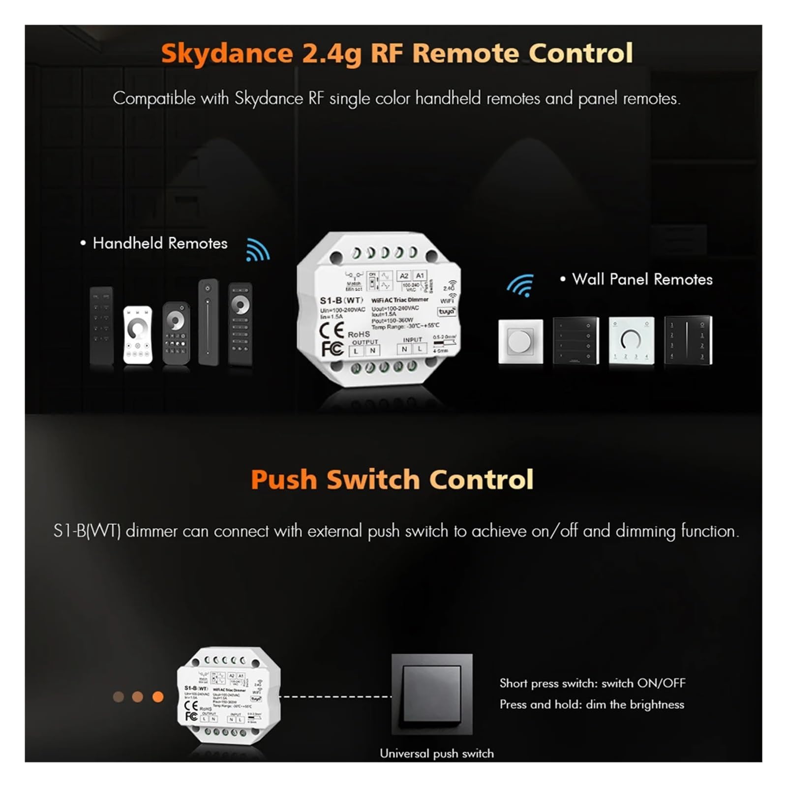 1 szt. Tuya Smart Life WiFi Zigbee RF AC ściemniacz kontroler LED przycisk sterowania 110 V 220 230 bezprzewodowy pilot zdalnego sterowania (TW1B)