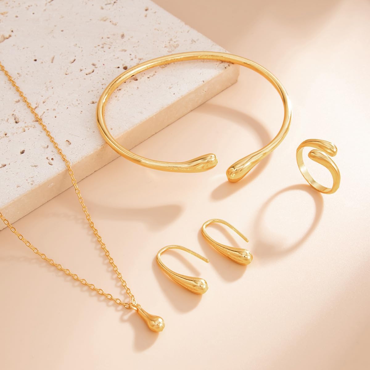 Gold Teardrop Jewelry Set for Women Gold Statement Teardrop Necklace Bracelet Ring Earrings Elegant Jewelry Set 4Pcs - Image 5
