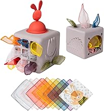 Taf Toys Baby Tissue Box with Pop-Up Bunny - Montessori Sensory Activity with 10 Fabric Tissues for Fine Motor Development - Interactive Silicone Learning for 1 Year Old Toddlers