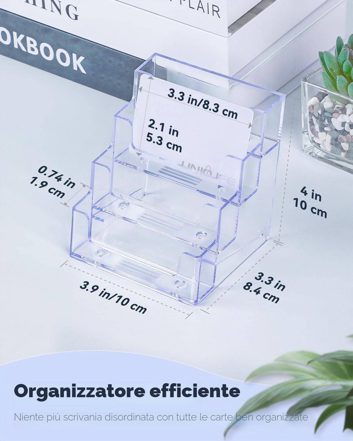 Porta biglietti da visita in acrilico trasparente 4 scomparti capacità 240 per scrivania ufficio