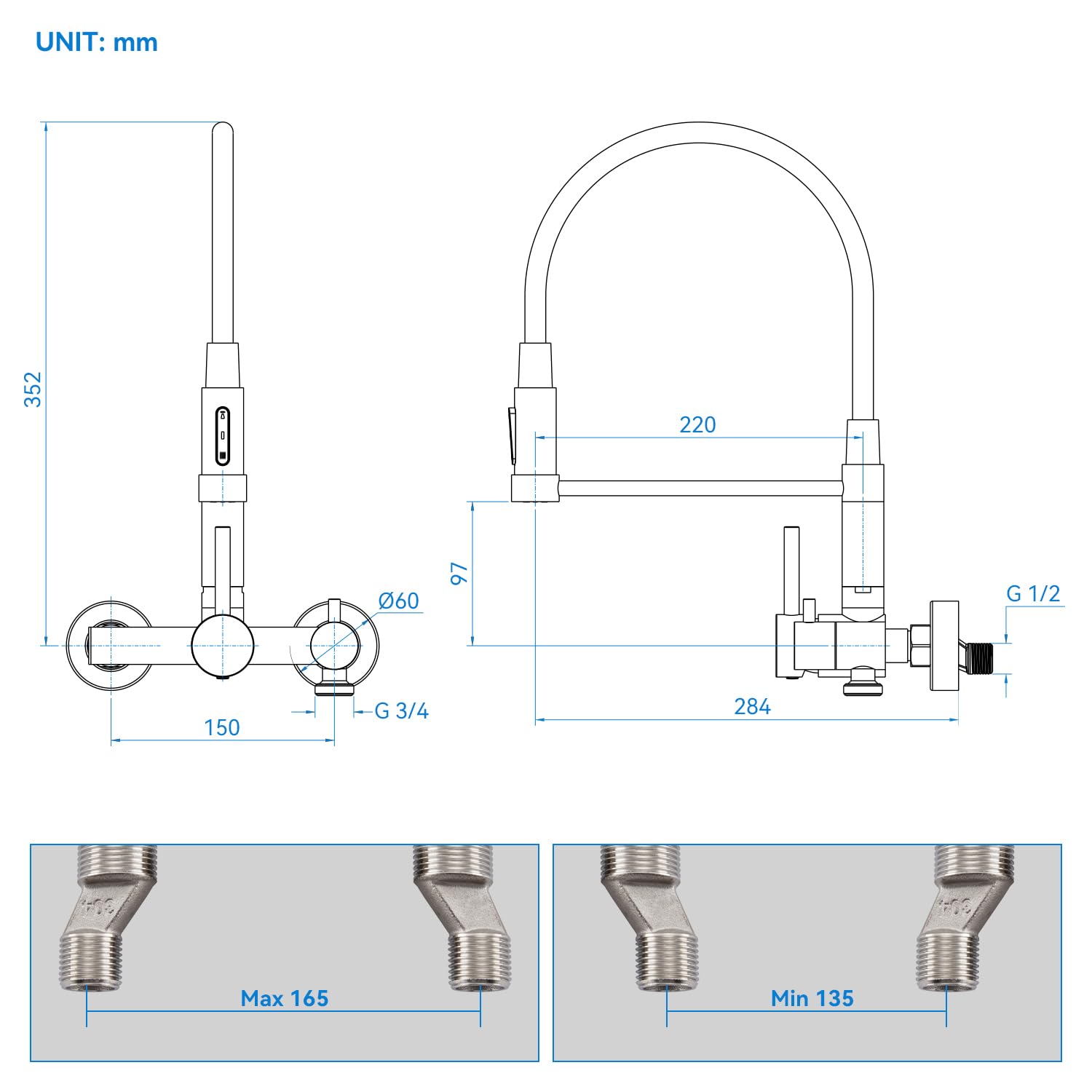 Wasserhahn Küche Wandmontage mit 3/4 Zoll Anschluss, Küchenarmatur Wand für Geschirrspüler/Waschmaschine, Wandarmatur mit 3 Strahlarten, 360° Drehbar Flexibler Auslauf, Gebürstetes