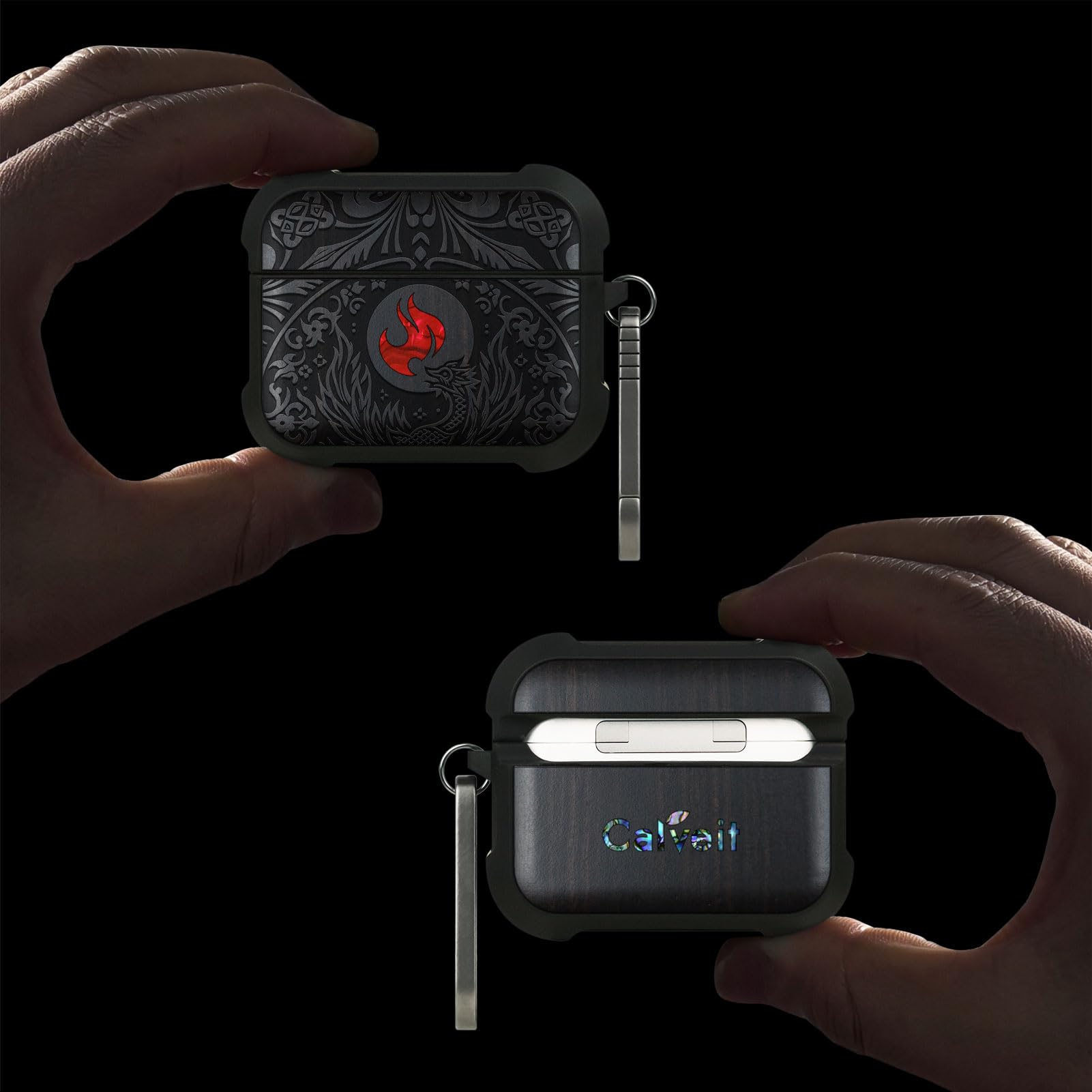 Carveit Odporne na uderzenia etui ochronne do AirPods Pro 3 (2025), drewniany grawerunek i wkładka z muszli, kompatybilne z Airpods Pro 3, tytanowe szybkie zapięcie (ciemne drewno Phoenix w symetrii)