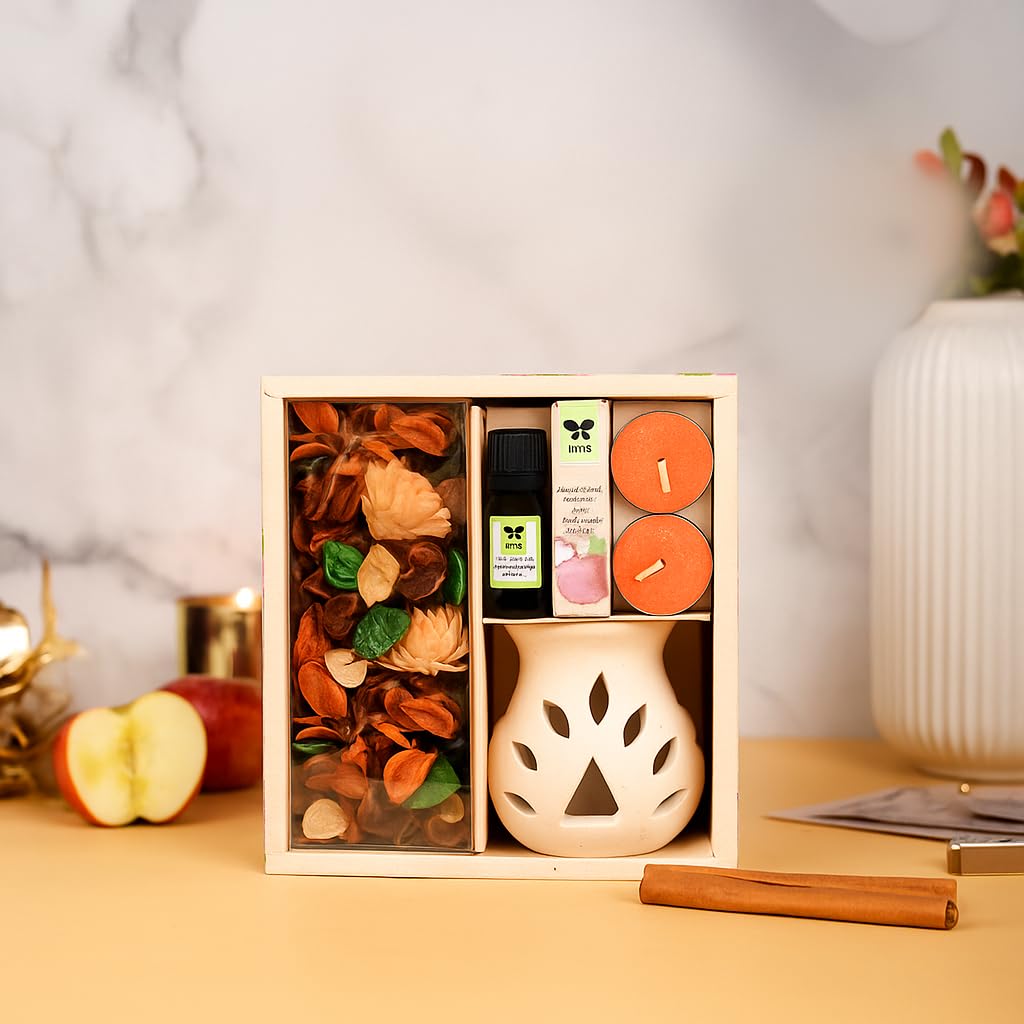 IRIS Fragrance Giftset, Elegant, Fragrances for Fine Living, 1 Ceramic Burner, 10 ml Vaporizer Oil, 2 Tealights, 100 gm Potpourri (Apple Cinnamon)