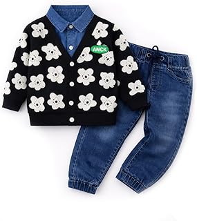 Bold N Elegant Teddy Bear Cartoon Print Cardigan Jacket Attached Shirt & Denim Jeans Pant Winter Party Clothing Set for Bo Price In India