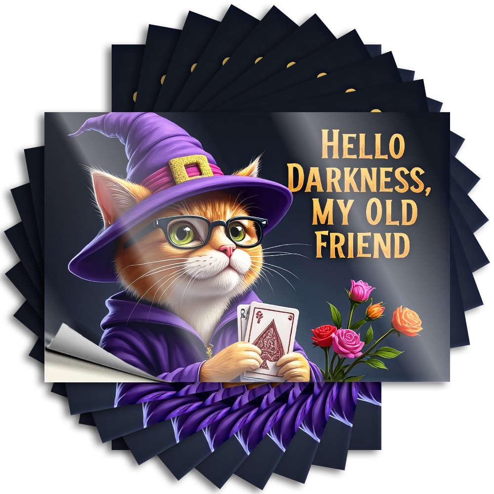 A Whimsical Cat in A Wizard Hat Holds Playing Cards, Accompanied Funny Sticker Back Yard Decorations | Fluffy Laptop Removable Decal Pack(6X9CM)