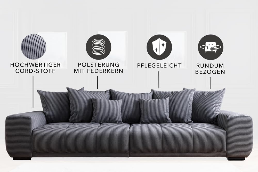 XXL Sofa ELEGANCIA - 285cm - anthrazit - Cord - Federkern mit Kissen | 7 Kissen, Buchenholzgestell, Ziersteppung, zeitloser Stil, Rundum-Bezug, pflegeleicht