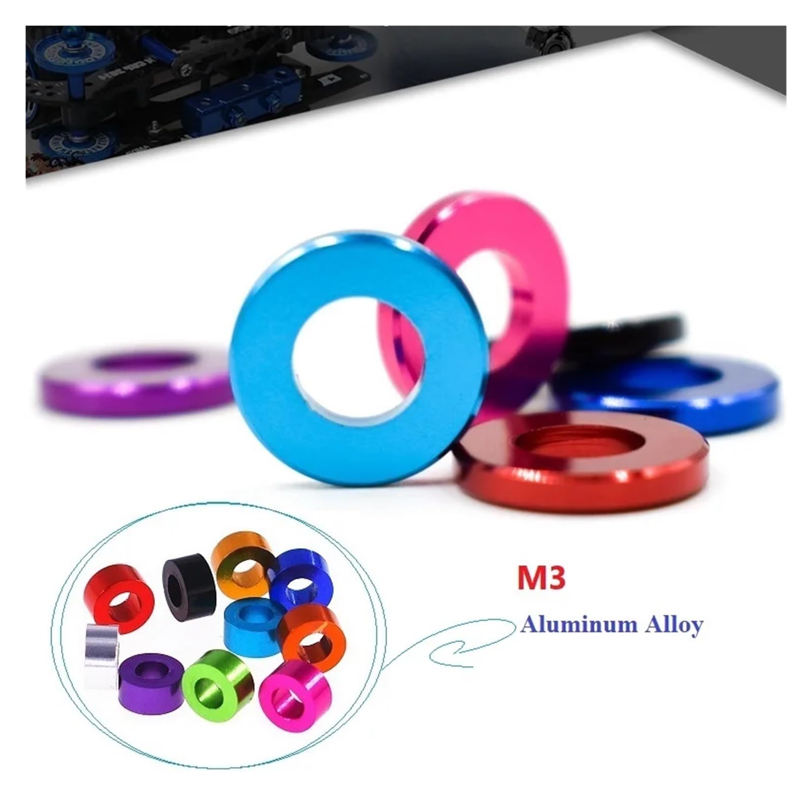 50 Stück Aluminium-Unterlegscheiben M3 x 6 0,5/1/1,5/2/2,5/3 mm bunt eloxierte flache Unterlegscheiben Dichtung Durchgangsloch-Auflistung(Green,H 1.5xOD 6xHole 3mm)
