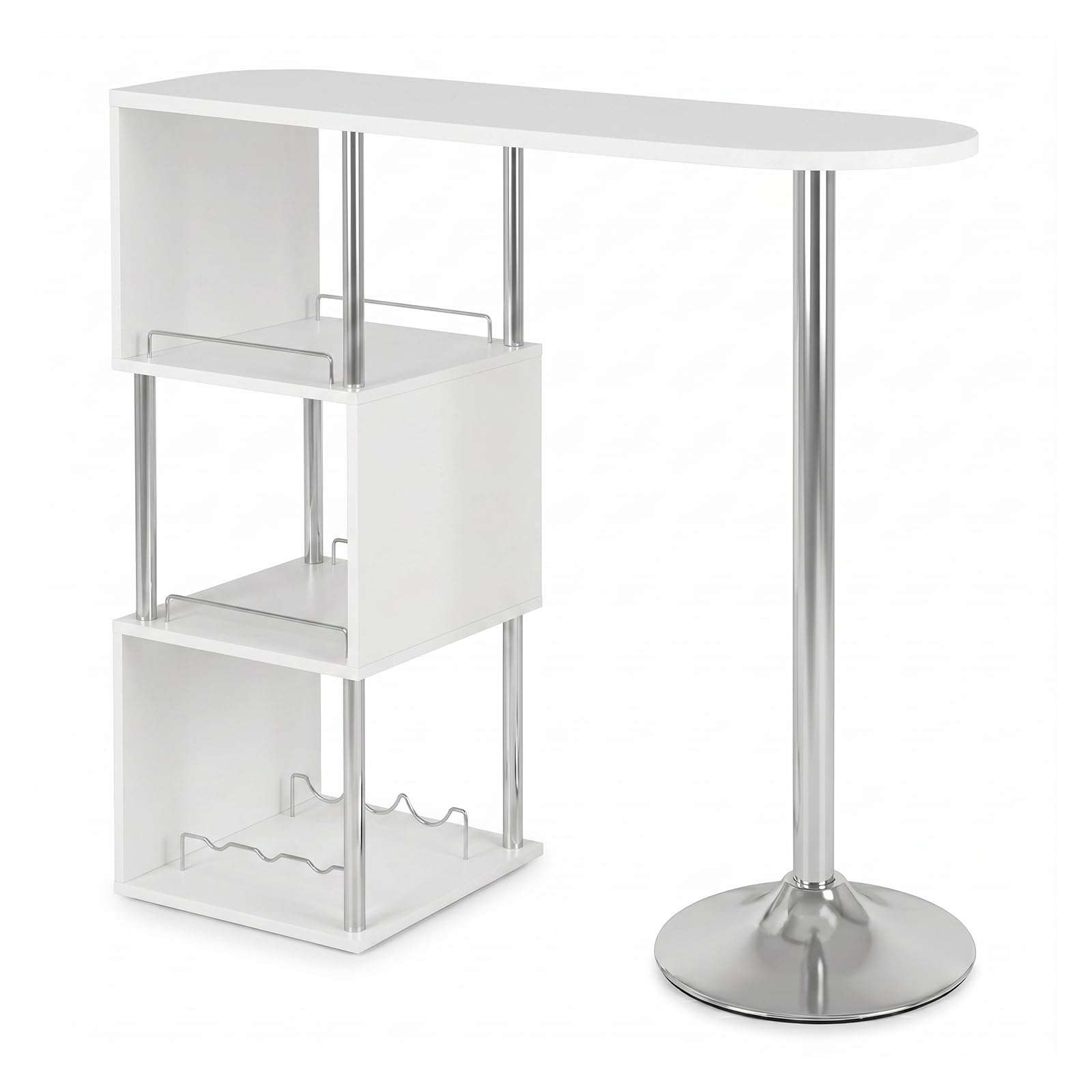 WOLTU S-förmiger Bartisch mit Stauraum, Stehtisch mit Weinregale, Bistrotisch aus Metall & Holz, Bartheke Tresentisch für Küche Bar Wohnzimmer, 113 x 40 x 105cm, Weiß