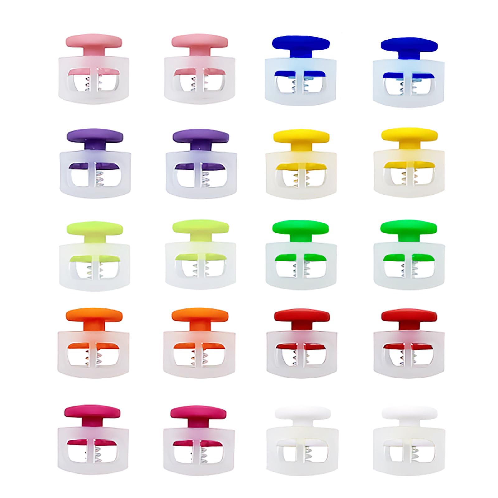 [KDSSYFT] スプリングコードストッパー 2穴 20個セット プラスチック 軽量 可愛い カラフル コードストッパー 靴紐 留め具 押し式スプリングバックル 紐止め 交換 補修用 DIY 手芸 荷物 衣服 靴ひも ストラップ 帽子用 ハンドメイド材料 (10色)