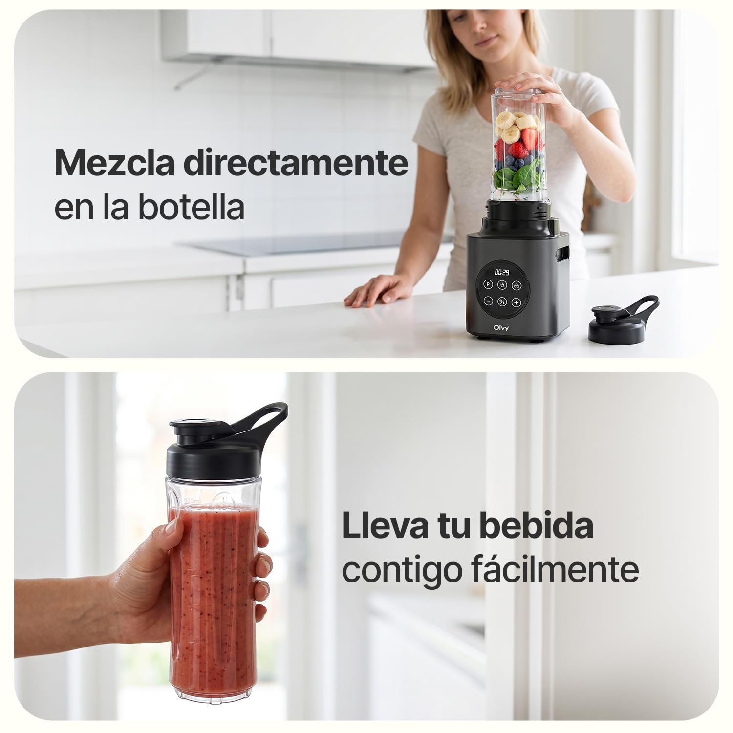 Olvy Batidora Smoothie Maker 1500ml Vaso To-Go 1000W 9 Velocidades Pantalla-Grey