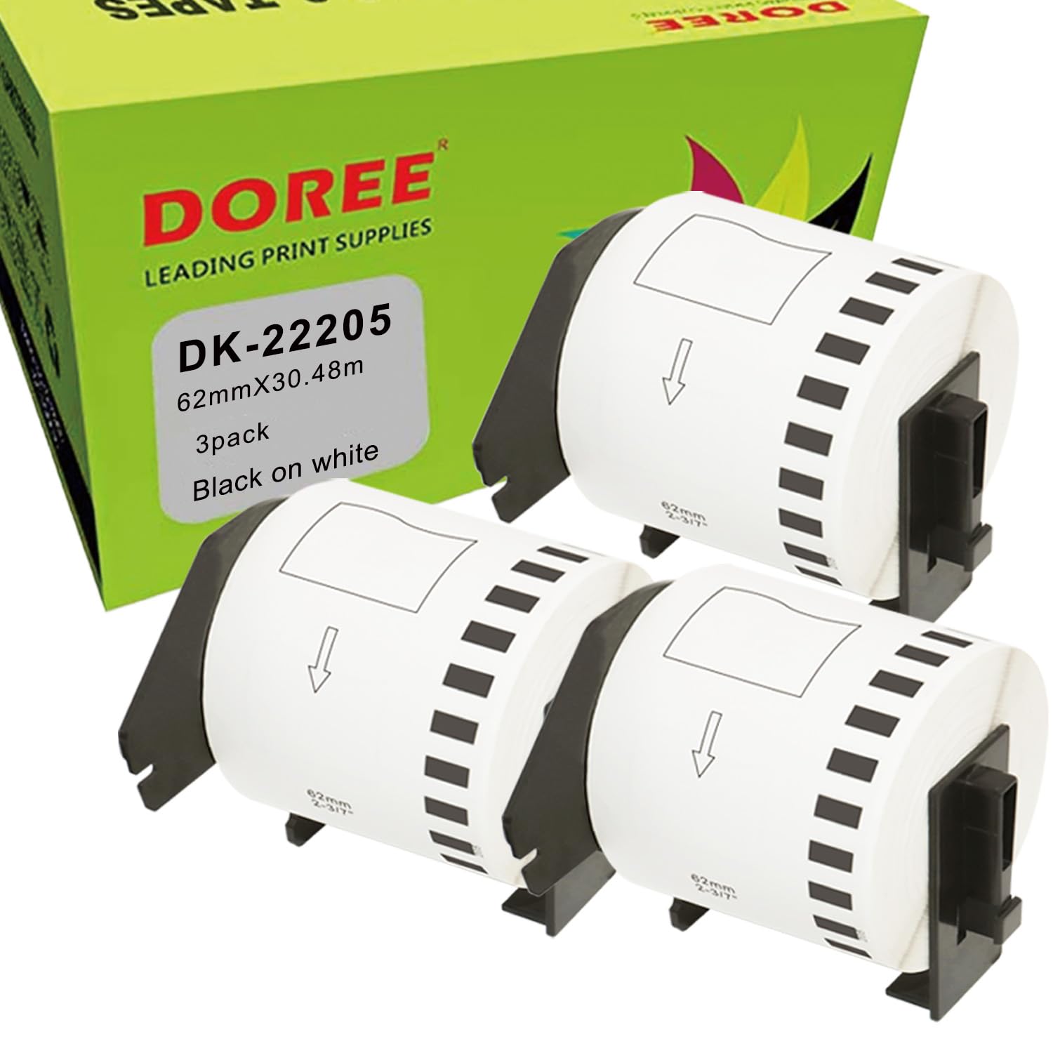 3 x DOREE DK-22205 Etichette Continue, Compatibili con Brother DK-22205,62 mm x 30,48m Rotolo di etichette, Per Stampante etichette Brother QL-500, QL-550, QL-570, QL-700, QL-800, QL-1050, QL-1100