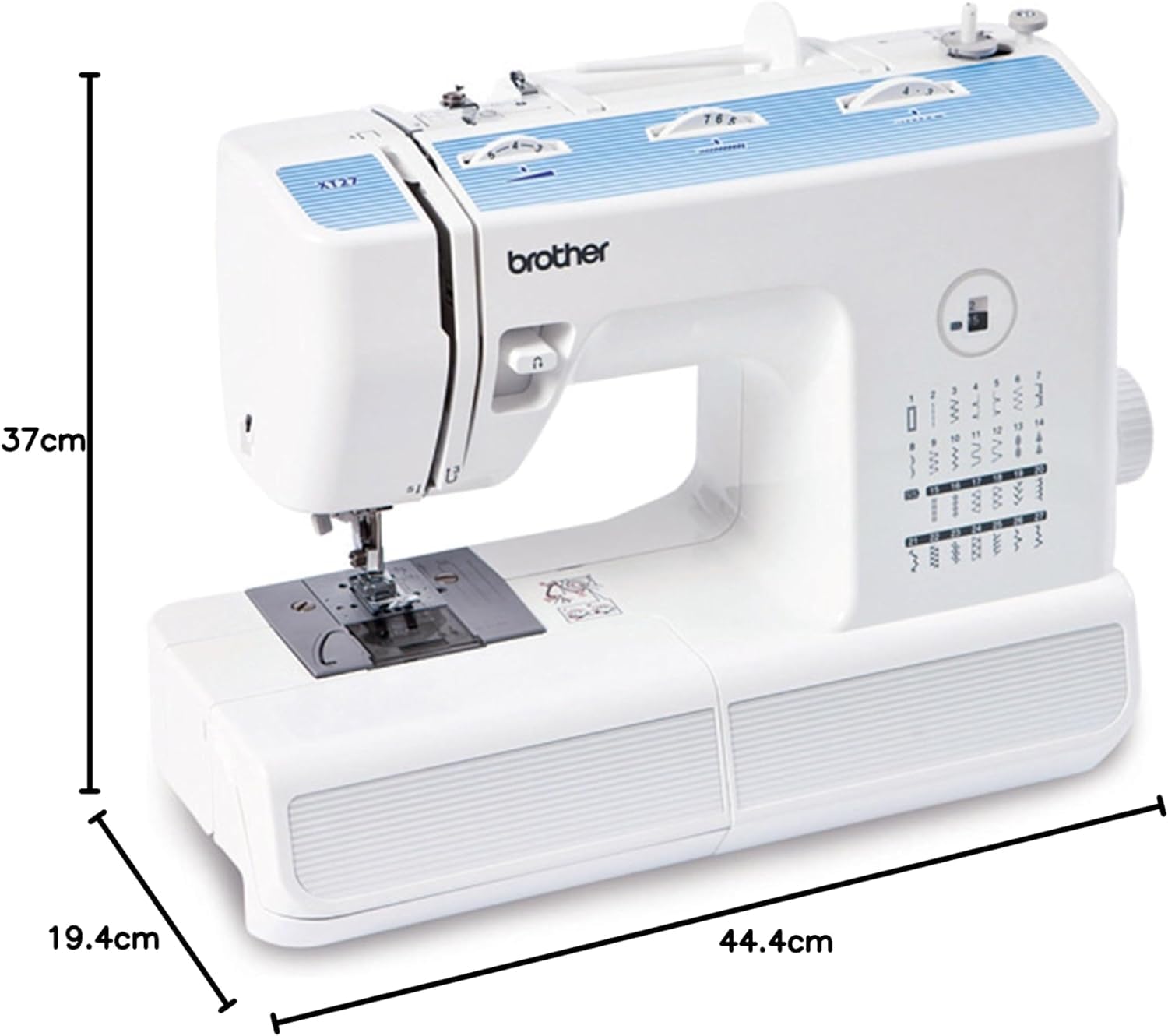 Brother XT27VP2 - Máquina de coser mecánica (25,80 x 37,50 x 48 cm), color blanco y azul