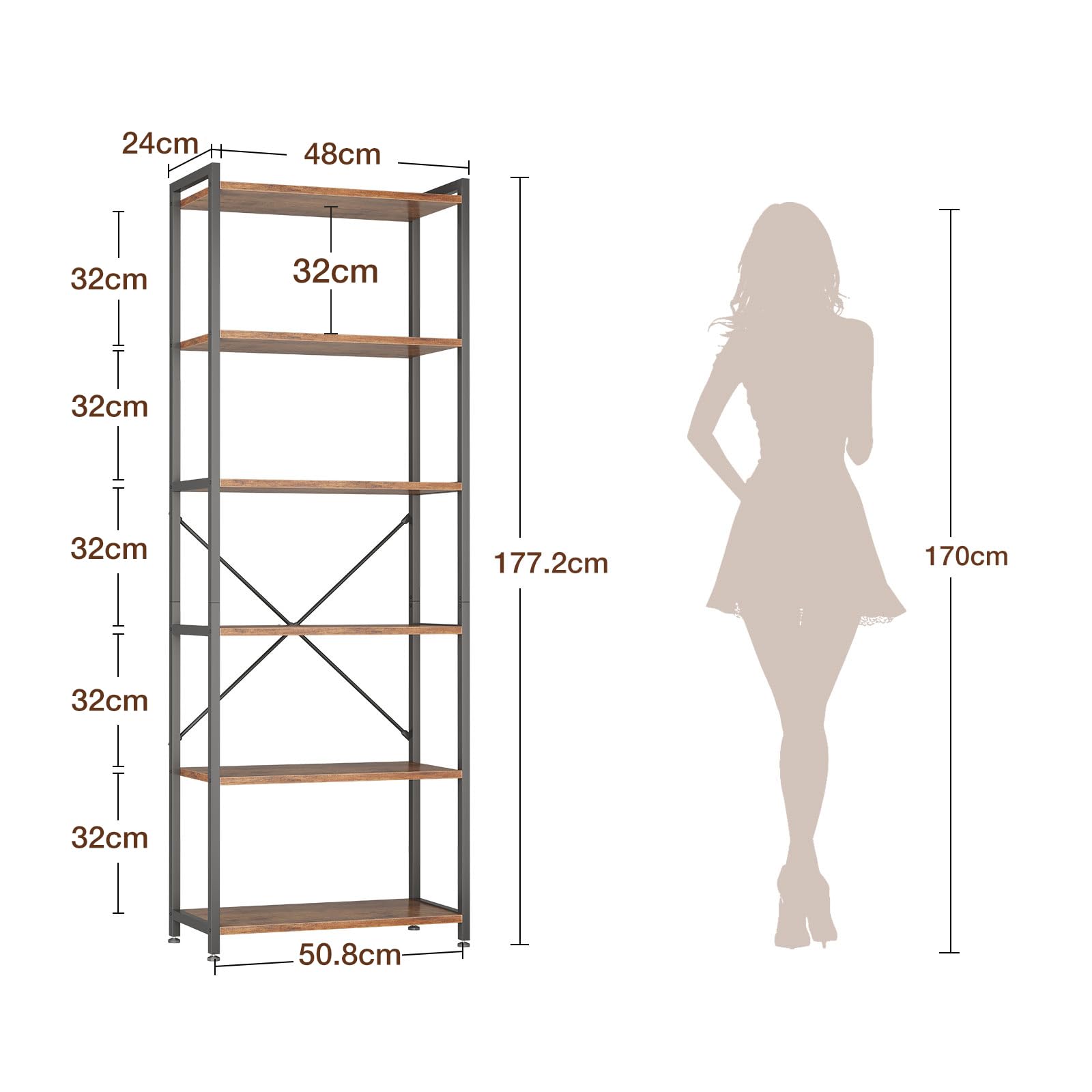 Coleshome 6 Ebenen Bücherregal, Industrie Regal 177cm Braun | Regal 51cm Kippschutz Kompakt Platzsparend Präsentieren Bücher Pflanzen Deko Wohnzimmer Schlafzimmer Büro