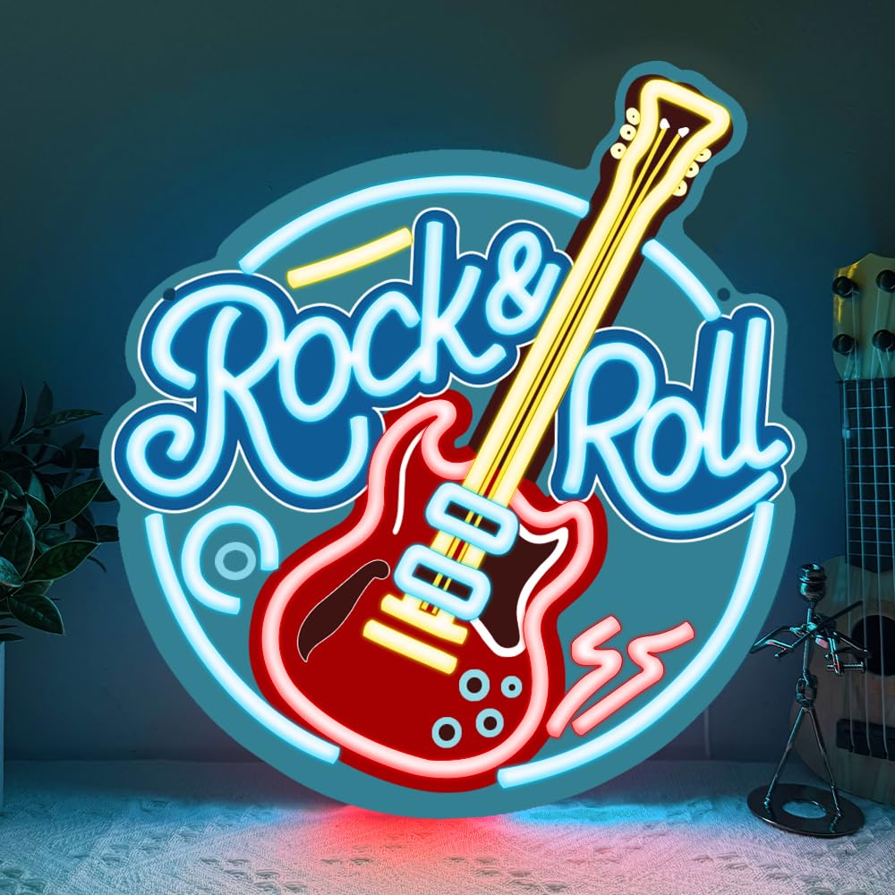 RuCvixkt Letreros de neón Rock Roll para decoración de pared, letrero de neón LED regulable para estudio de música, salón, bar, club, regalo para niños y niñas amantes de la música