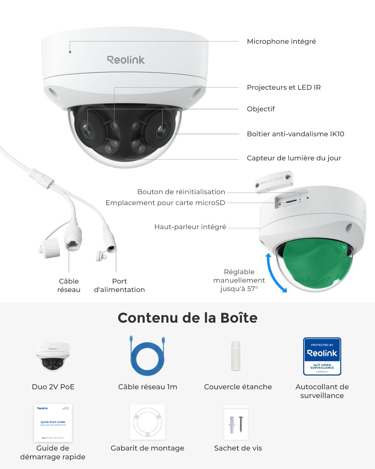 Reolink Caméra IP PoE 4K 8MP 180° Double Objectif, Anti-vandalisme IK10, Détection Personne/Véhicule/Animal,Vision Nocturne Couleur,Spots,Audio Bidirectionnel, IP67 Anti Intempéries,Duo 2V PoE
