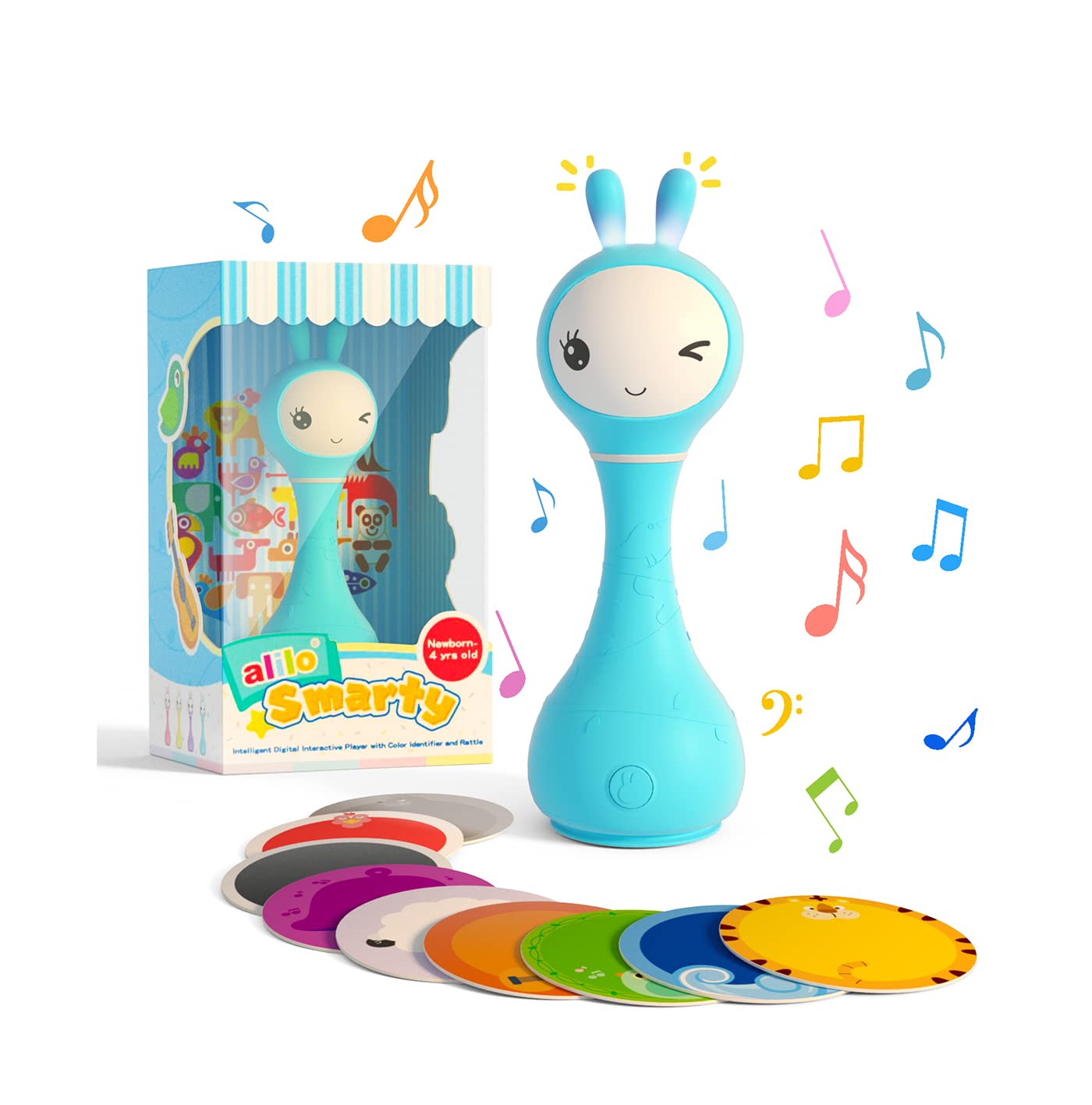 Alilo – Smarty Shake & Tell Rattle, R1 - Smarty Blue | Music, Stories, & Color Learning for Babies | Hi-Fi Sound, Light-Up Ears, USB Charging | 0+