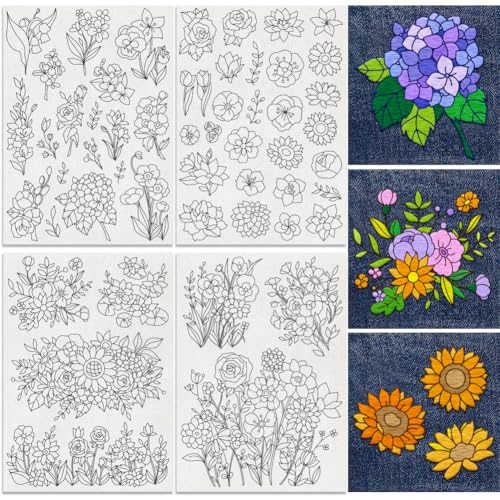 DOODLREAM 43 modelli di ricamo stabilizzante con foglie floreali da 8,3" x 11,7" rosa girasole margherita bastone solubile 4 fogli di carta da ricamo acqua floreale per cucire a mano fai da te