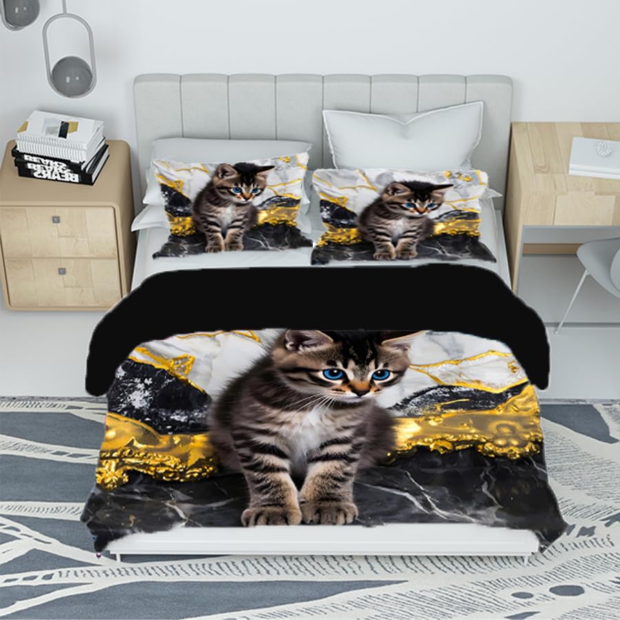 VTRXEG Cat Bed Linen 135 x 200 cm, 3D Cat Motif Microfibre Duvet Cover, Pet Cat Bedding Sets 3-Piece - Image 2