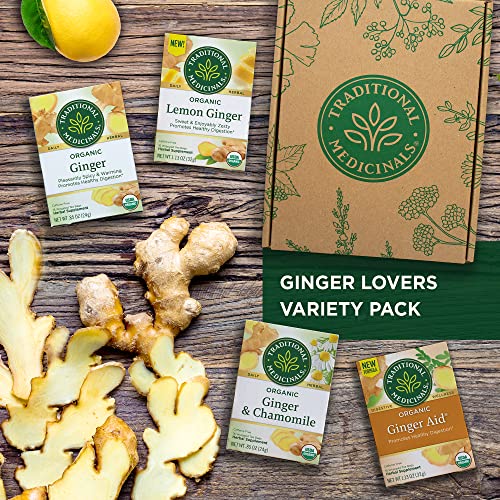 Image of Traditional Medicinals Organic Ginger Tea Variety Pack Promoting Digestion & Nausea Support, 64 Tea Bags (4 Pack)