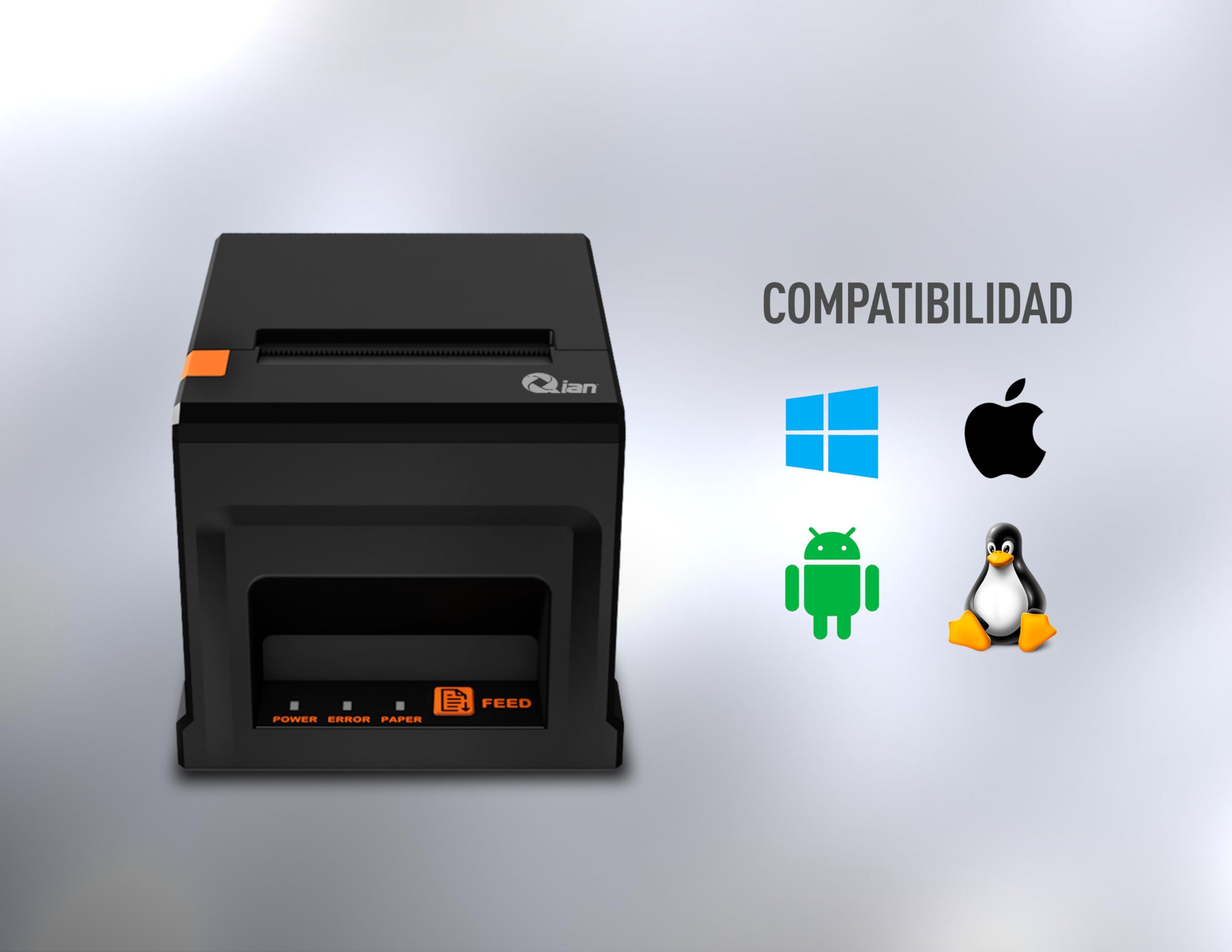 Stampante Termica per ricevute Qian Stampante POS da 80 mm Taglio Automatico ESC/POS | velocità 220 mm/s | Driver Windows, MacOS, Linux | Supporto a Parete | Connessione USB, LAN, Bluetooth