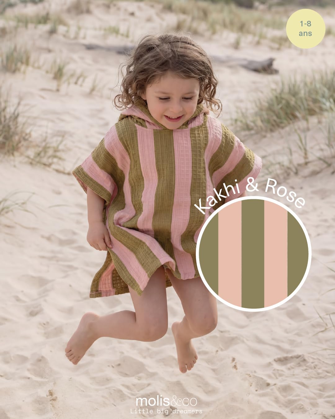 molis&co. Poncho de Bain pour enfants. Serviette de Plage à Capuche. Serviette de Bain enfants. (FR/ES, Âge, 1 an, 2 ans, Taille normale, KHAKI & ROSE STRIPES)