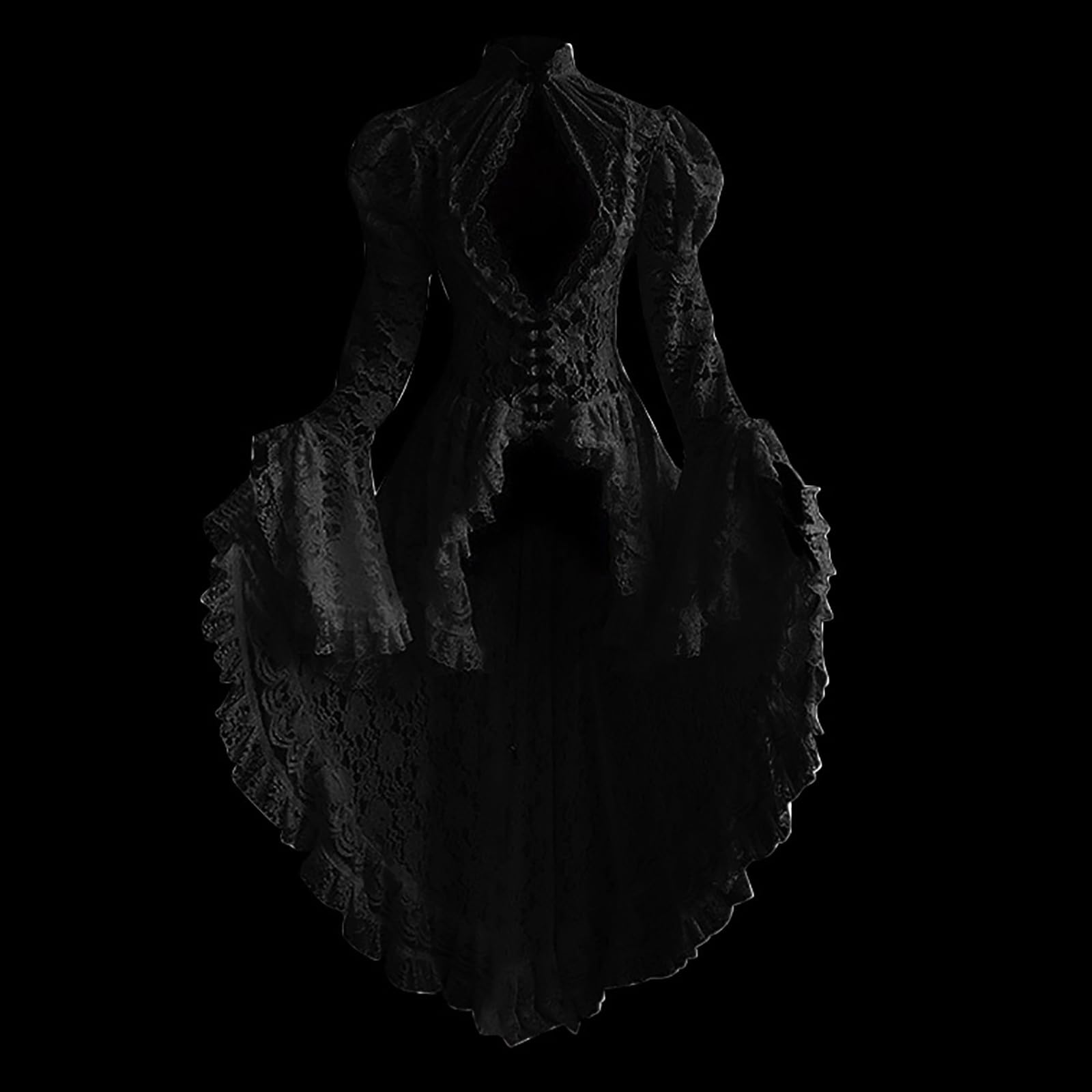 Damen Gothic Mittellange Abendkleider L-4XL Spitze Mesh Lange äRmel Kalte Schulter Halfter Rundhalsausschnitt GroßEr Saum Totenkopf Vintage Hepburn Partykleid Frauen MäDchen Umstandskleider