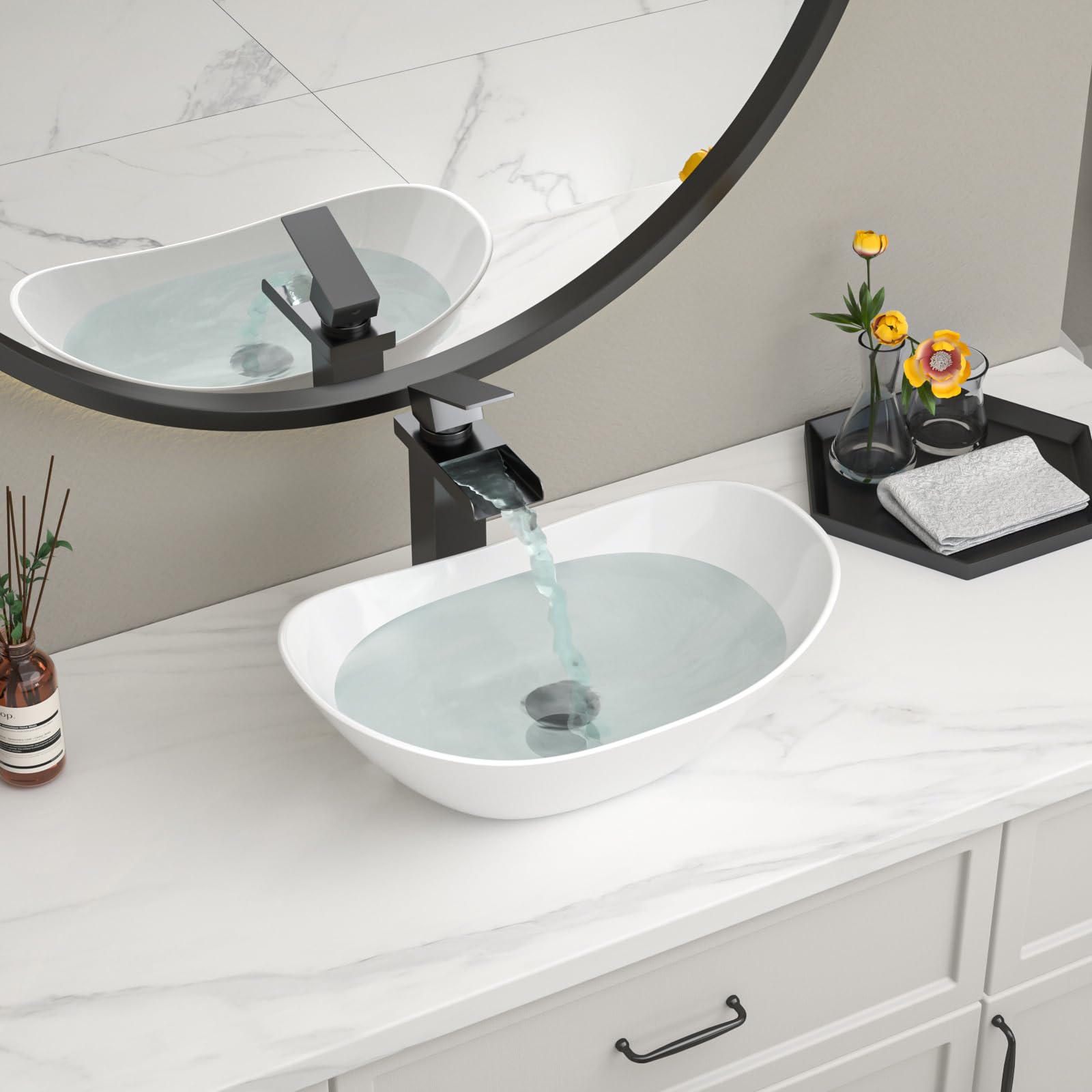 Fregadero ovalado blanco para baños, 17 x 11 pulgadas, diseño moderno de barco, lavabo artístico sobre mostrador, porcelana blanca, fregadero pequeño y profundo