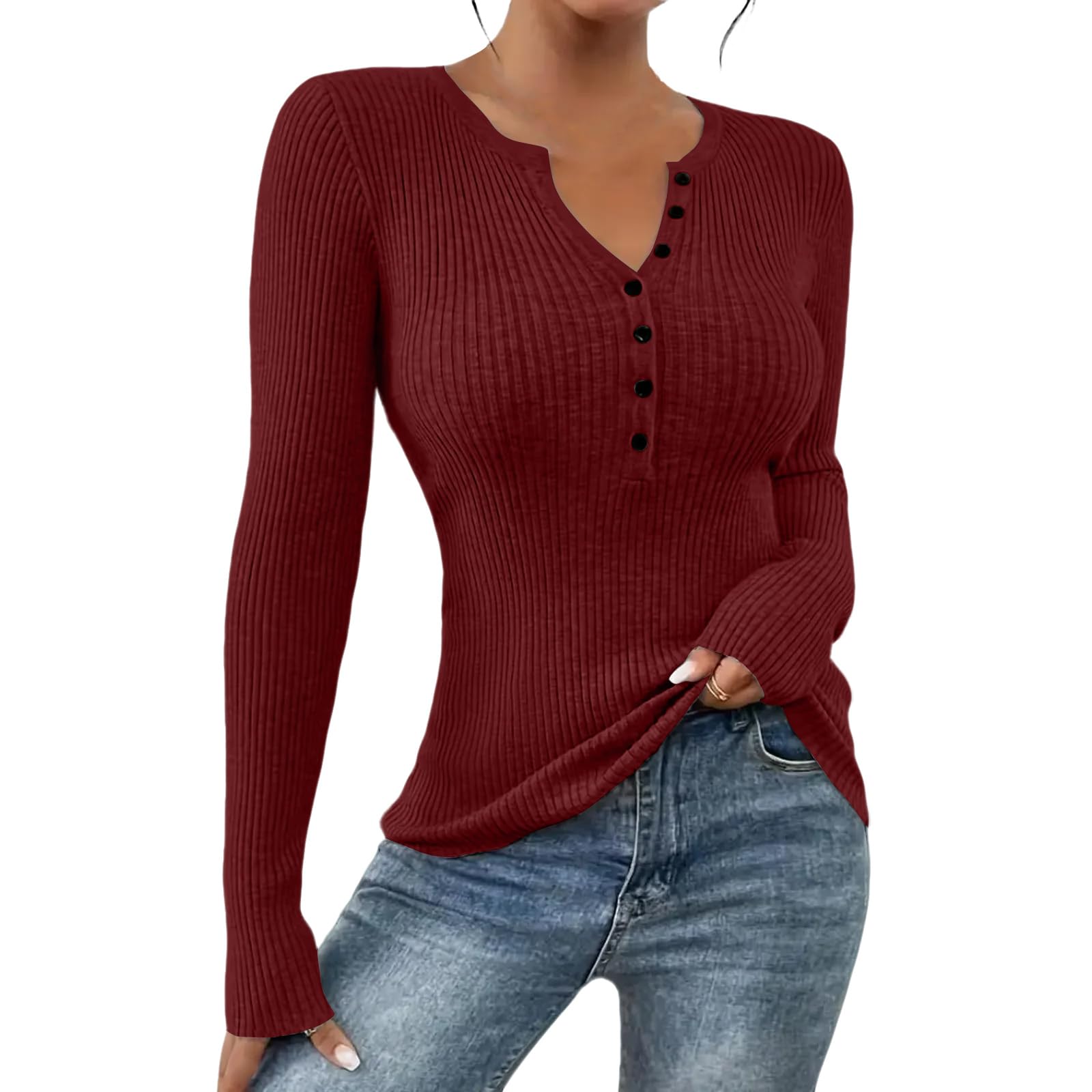 Long Sleeve Shirts for Women Henley Ribbed Knit Sweater V Neck Button Business Casual Tops Teen Girl Winter