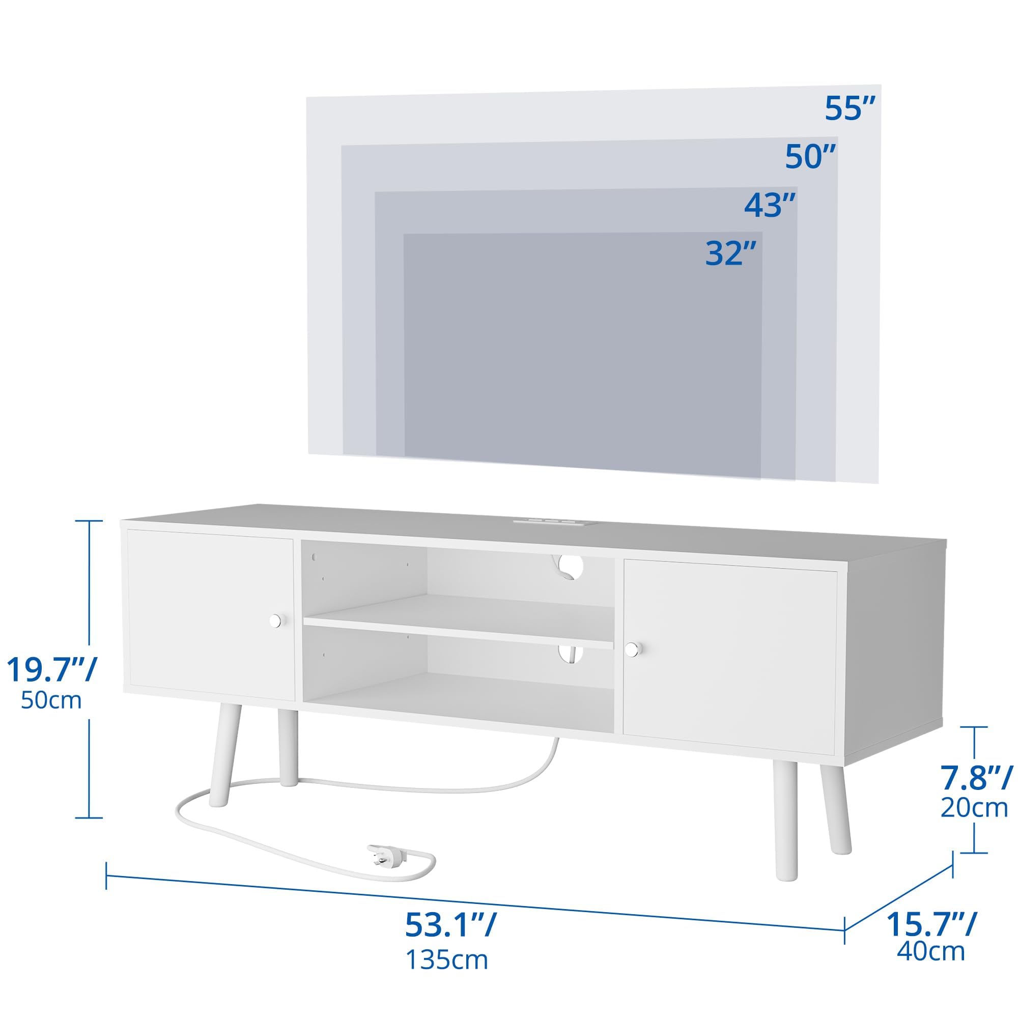 TV Schrank, Lowboard, mit 2 Türen, 135 cm lang, Fernsehtisch für bis zu 55 Zol,verstellbare Ablagen, Fernsehschrank für Wohnzimmer, Esszimmer, Schlafzimmer (Weiß, 135 cm)